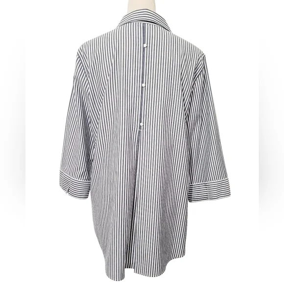 Chico’s No Iron Button Front Shirt Size 12/14 Blue/gray White Stripe 3/4 Sleeve - Picture 2 of 10